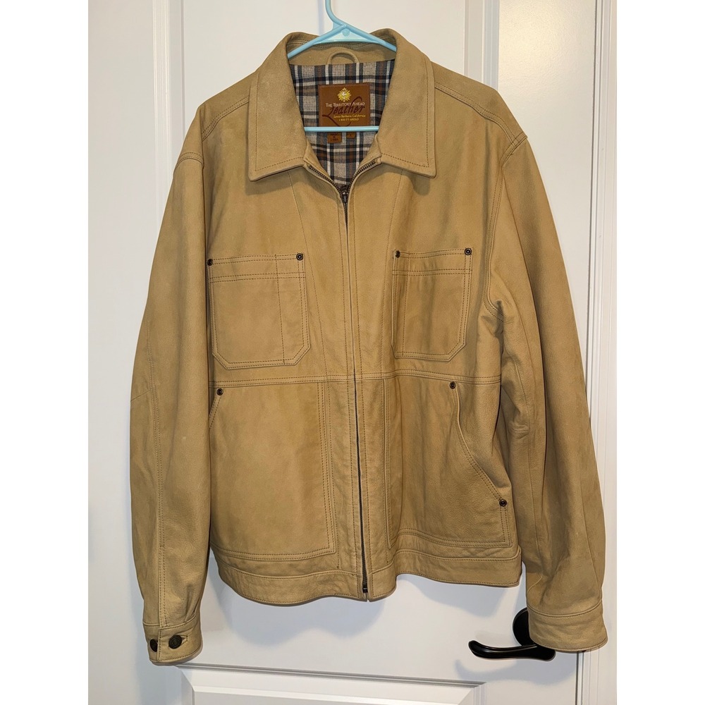 The Territory Ahead Leather Field Jacket Mens L Tan Plaid Lined Workwear Gorp